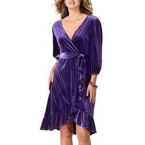 CATO Women's Purple Velvet V-Neck Ruffled Wrap Dress Size Large NWT